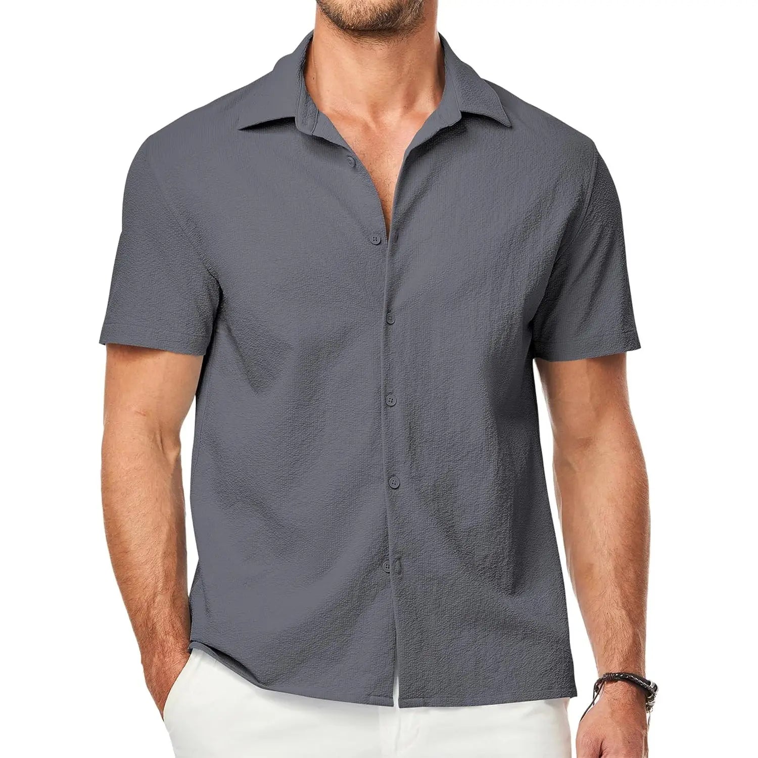 Custom Men's Slim Fit Seersucker Shirts Casual Short Sleeve Button Tuxedo for Beach Summer Vacation Wedding Tops Woven Fabric