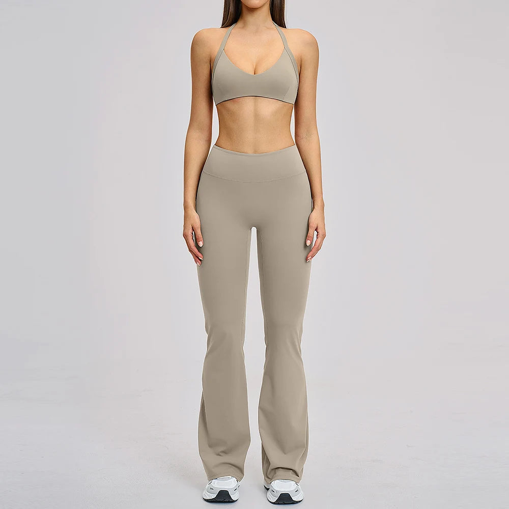 CIYING Wholesale Backless Yoga Halter Neck Sports Bra and Flare Leggings Set Custom Logo Brushed Gym Soft Breathable Yoga Set