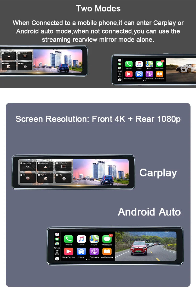 4k Rearview Mirror Dash Camera 10.99 Inch Car Dvr Universal Carplay Android Auto Car Video Recorder GPS Navigation Black Box