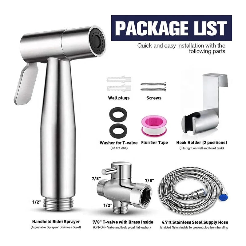 304 Stainless Steel Handheld Sprayer Bathroom Shattaf Portable Toilet Bidet Easy Cleaning Bidet Hose Seat for Toilet