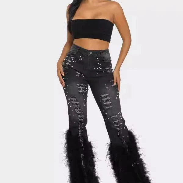 BR4580 New All-Match High Waist Distressed Pearl Embellished Feather Jeans Women