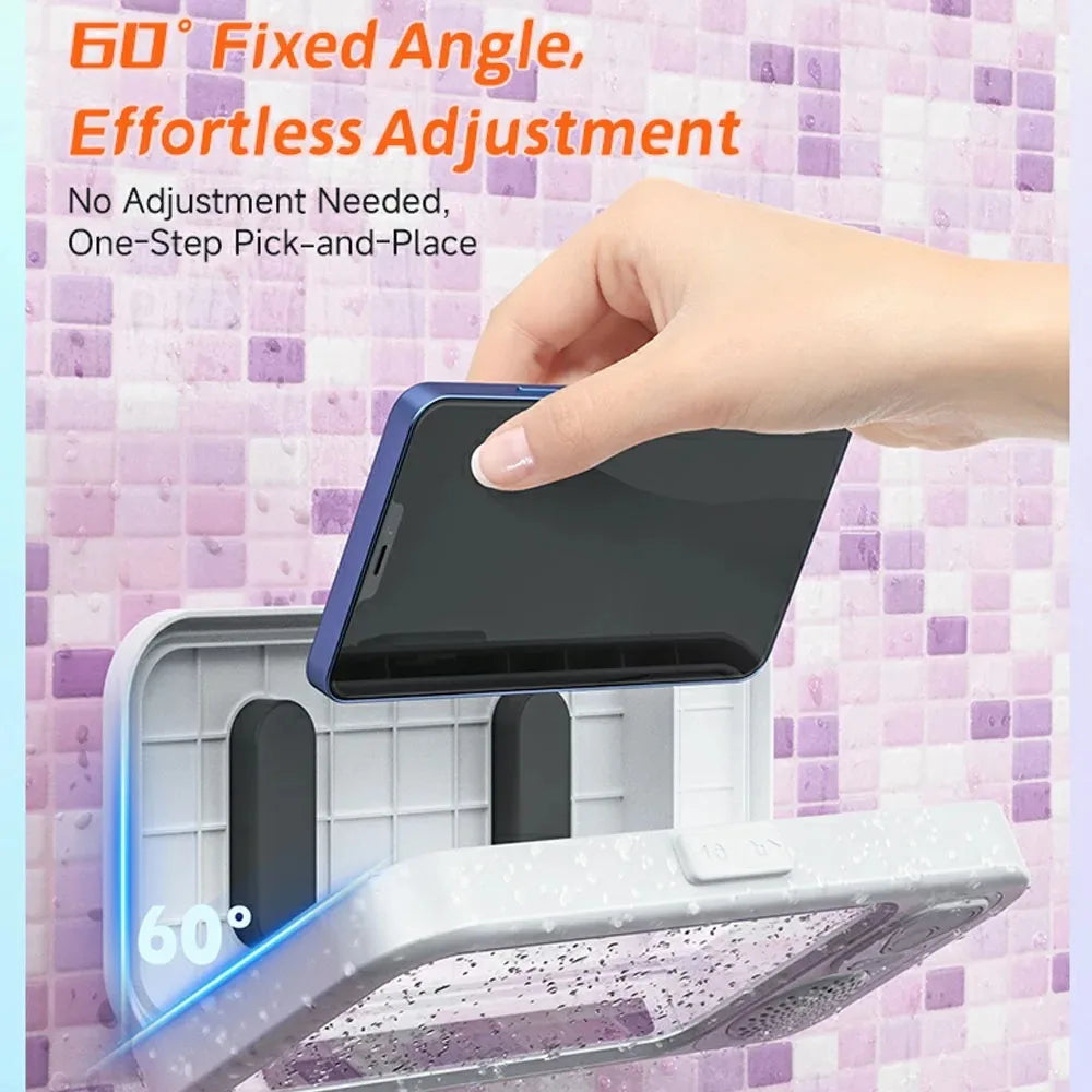 Waterproof BT  Speaker Mobile Phone Case Holder Anti-Fog Touch Screen 360 Rotation for Shower Bathroom  Kitchen Swim Universal