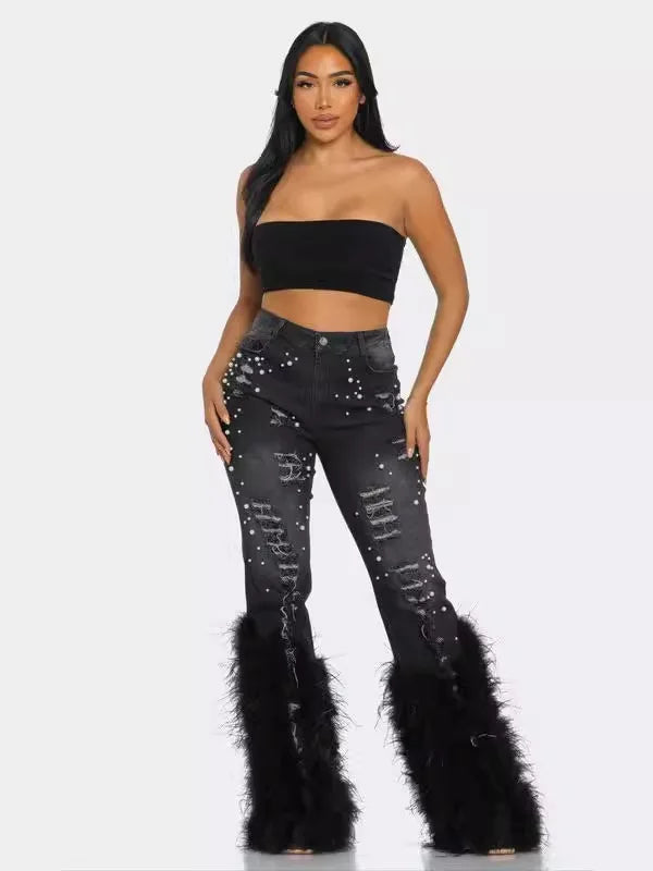 BR4580 New All-Match High Waist Distressed Pearl Embellished Feather Jeans Women