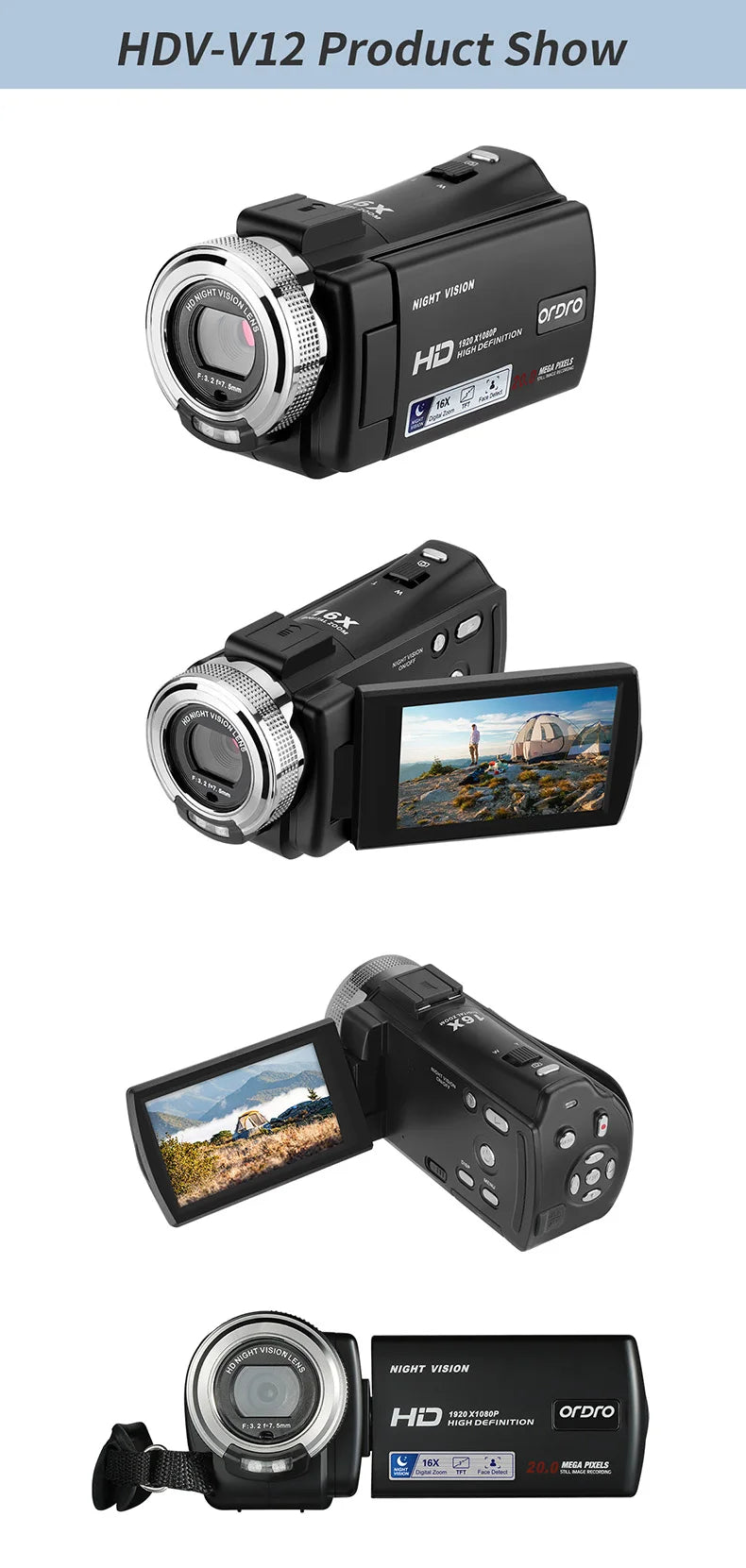 Video Camera Full HD 1080P Digital Camcorder Ordro V12 Infrared Night Vision Home Use Camara for Youtuber Beginner Vlogging