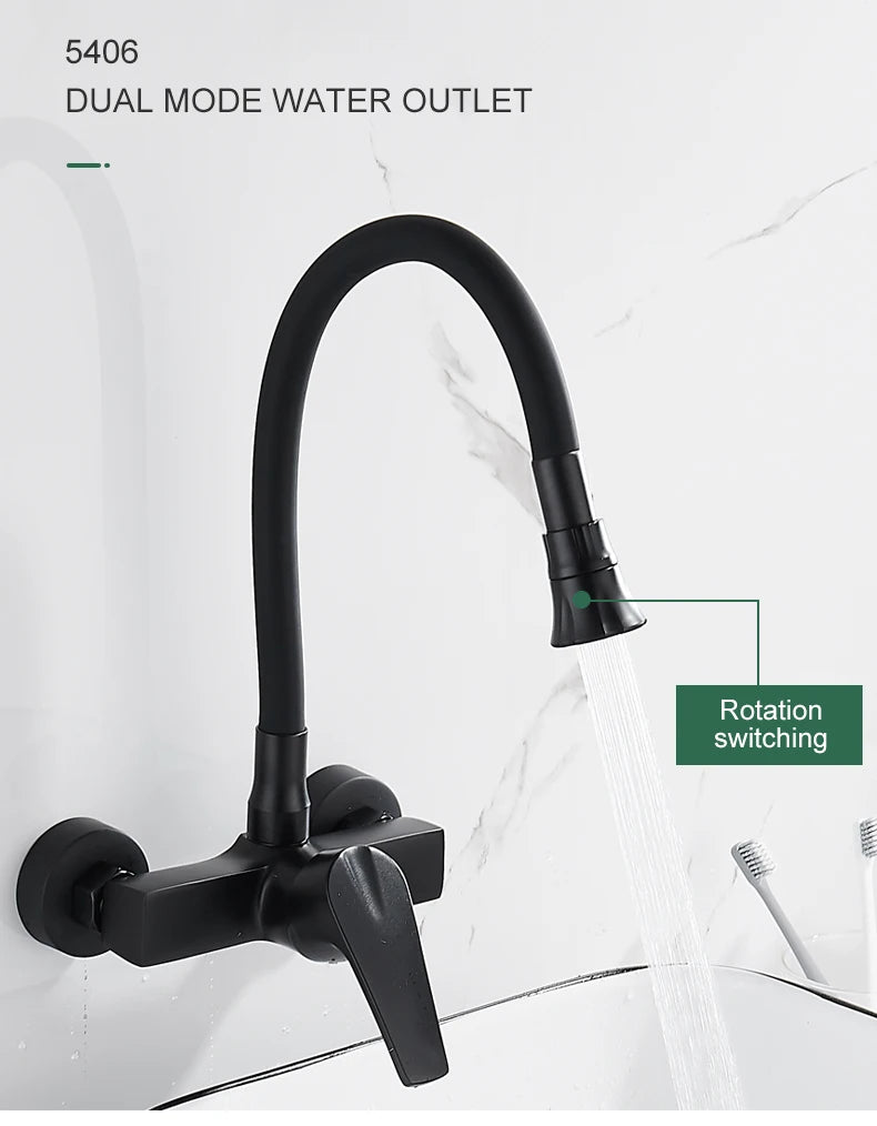 ELLEN Wall Mount Kitchen Sink Faucet Hot Cold Sink Water Mixer Tap 2 Holes Black Faucets 360 Degree Swivel ELK5400
