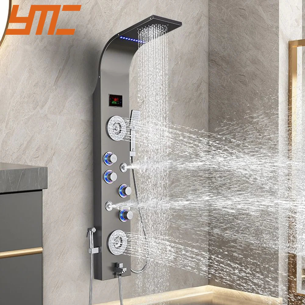 YMC Luxury Black Stainless Steel Wall Mounted Rainfall Shower Panels Thermostatic LED Rain Shower Head Hot Sale for Salons