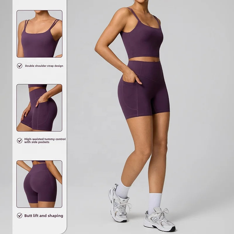 Women's High Waist Tummy Control Yoga Shorts Leggings Twist Backless Sports Bra 2 Piece Gym Fitness Set Workout Sportswear Suit