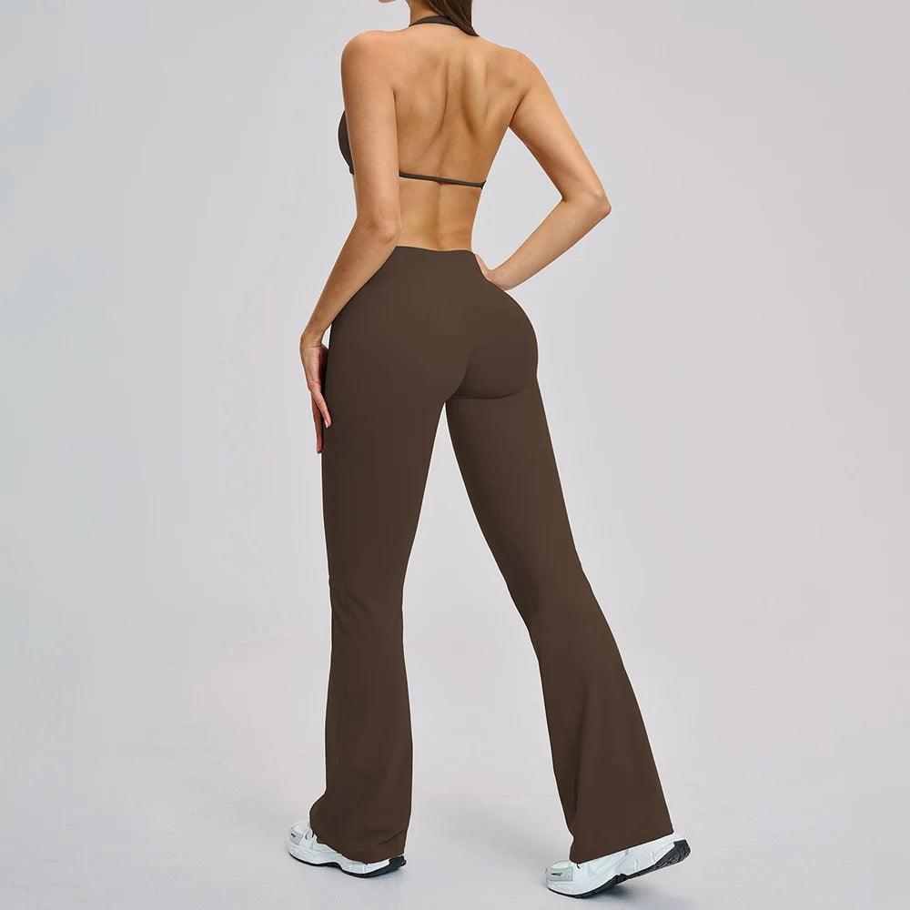 CIYING Wholesale Backless Yoga Halter Neck Sports Bra and Flare Leggings Set Custom Logo Brushed Gym Soft Breathable Yoga Set