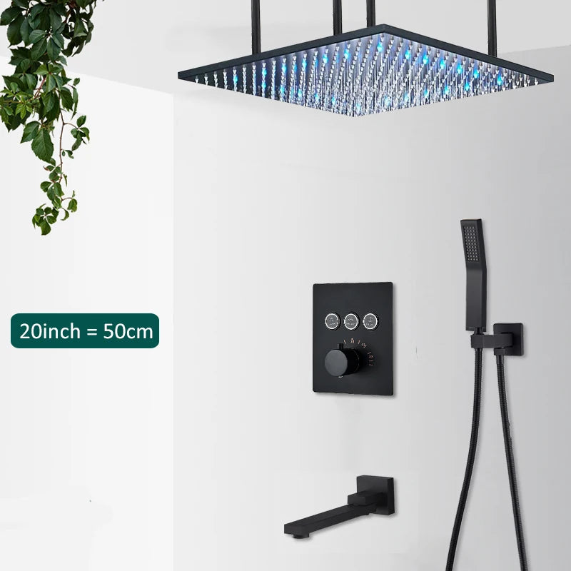 Luxury Black LED Thermostatic Shower Faucet Large Rain Waterfall Shower System Button Control Thermostatic Mixer Tap Bath Shower