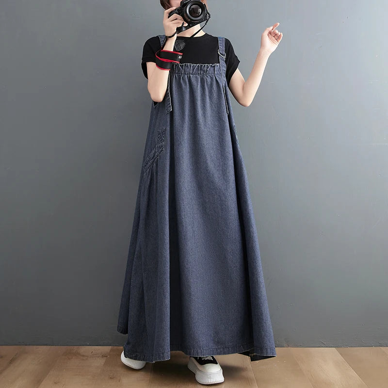 Boutique Wholesale 2026 Spring and Summer New Suspender Long Dress Loose and Thin Denim Belt Dress Large Swing Dress