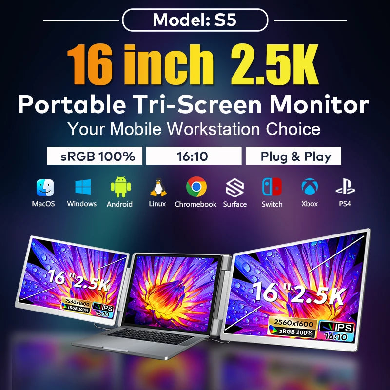 New Product Ideas 2026 Technology Double Slided 16 Inch 2.5k Lcd Screen Portable Laptop Triple Monitor Extender