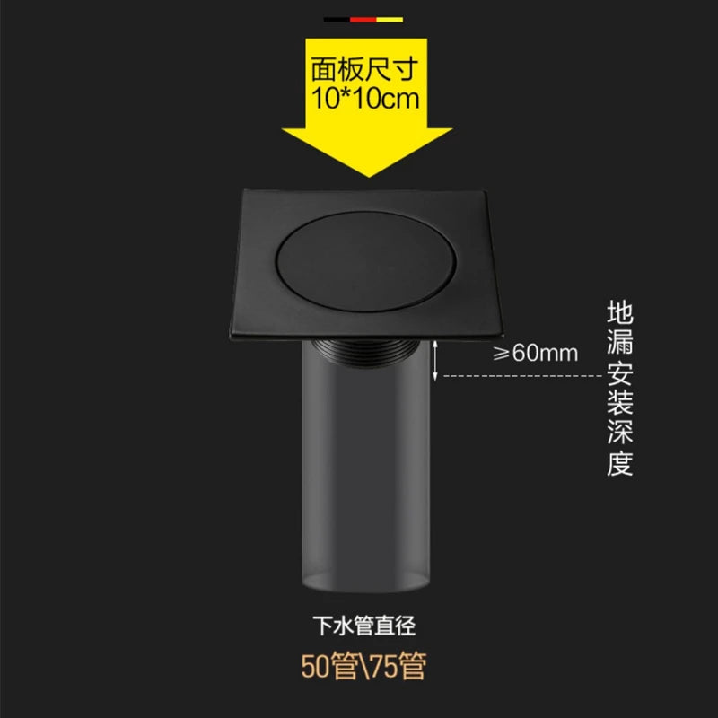 Silver/Black Floor Drain Brass Square Pop Up Floor Drain-Floor Cover Shower Room Push Down Drain Plug Anti-odor Shower Drain