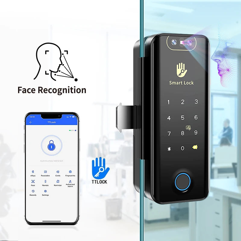 Kadonio Intelligent 3D Face ID Office Electronic Biometric Fingerprint Keyless Digital TTLock APP Smart Sliding Glass Door Lock
