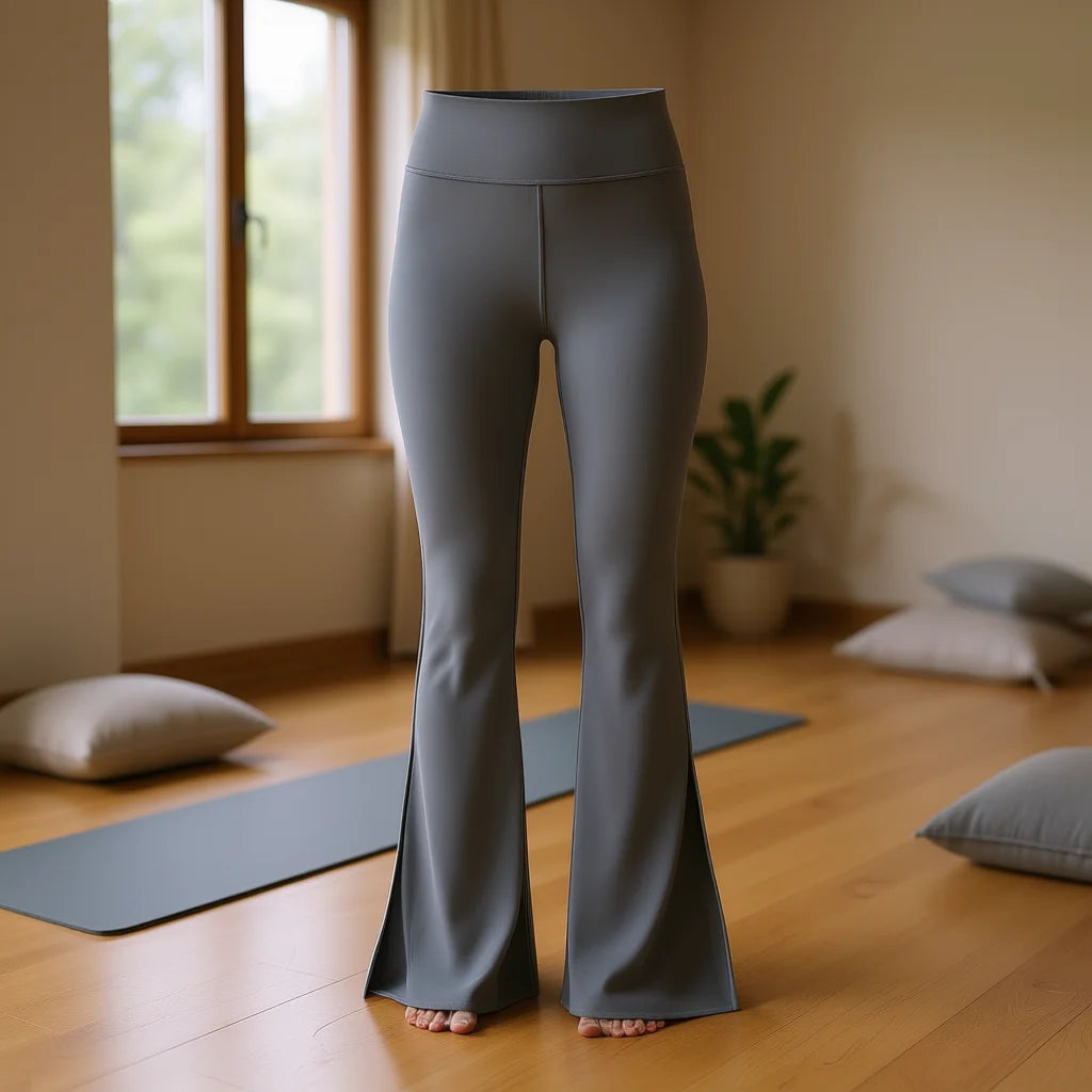 High Waisted Flared Yoga Leggings Side Slit Gray Seamless Stretch Woven Fabric Women's Pants Long Length Elastic Waist
