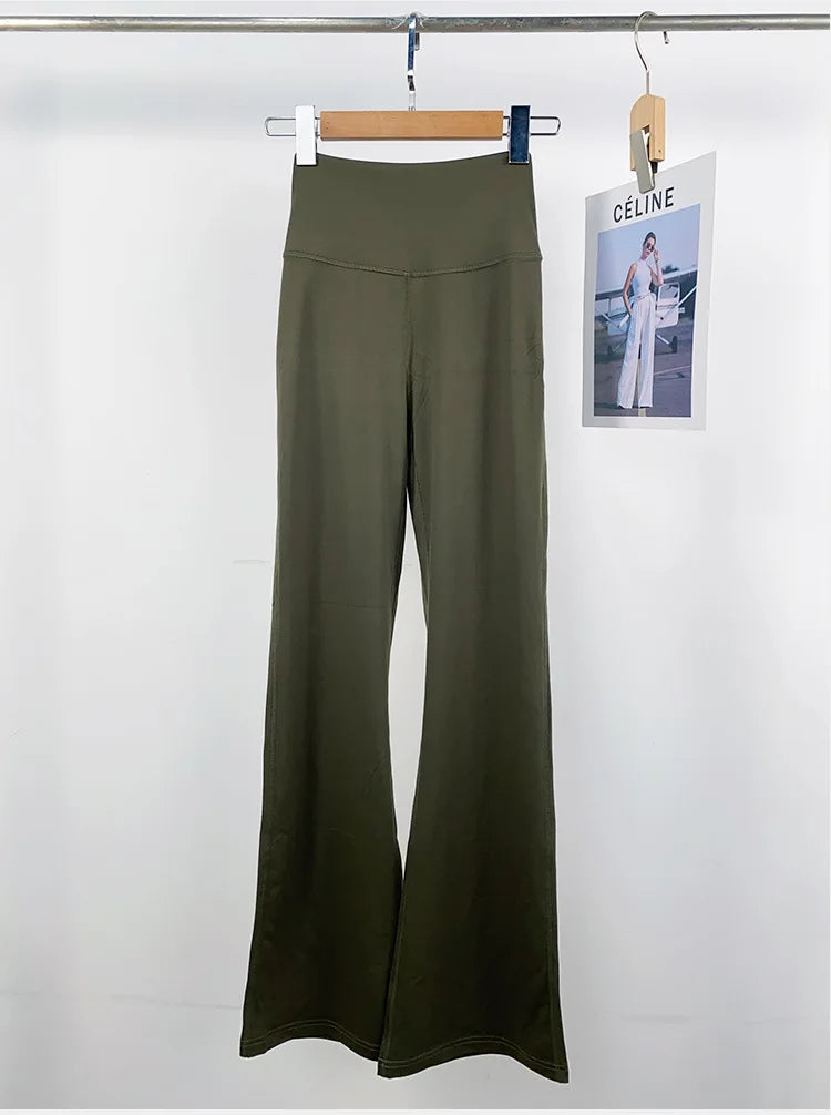 Solid Flared Yoga Sports Fitness Pants Spandex/Nylon High Waist Elastic Slimming Wide Leg Full Length Tummy Control Hip Lifting