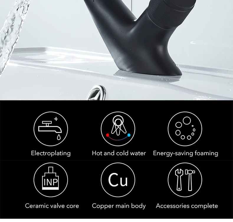 Black Faucet Bathroom Sink Faucets Hot Cold Water Mixer Crane Deck  Mounted Single Hole Bath Tap Chrome Finished ELM457