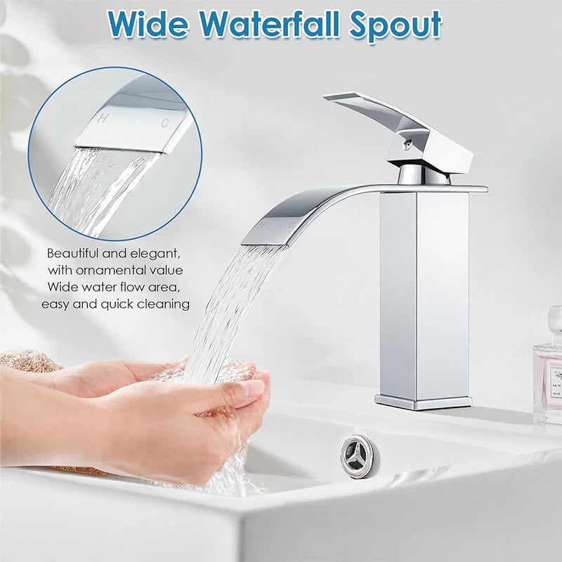Bathroom Faucet Brushed Nickel Waterfall Faucet Single Hole Modern Stainless Steel Water Mixer Tap Bathroom Water Basin Faucet
