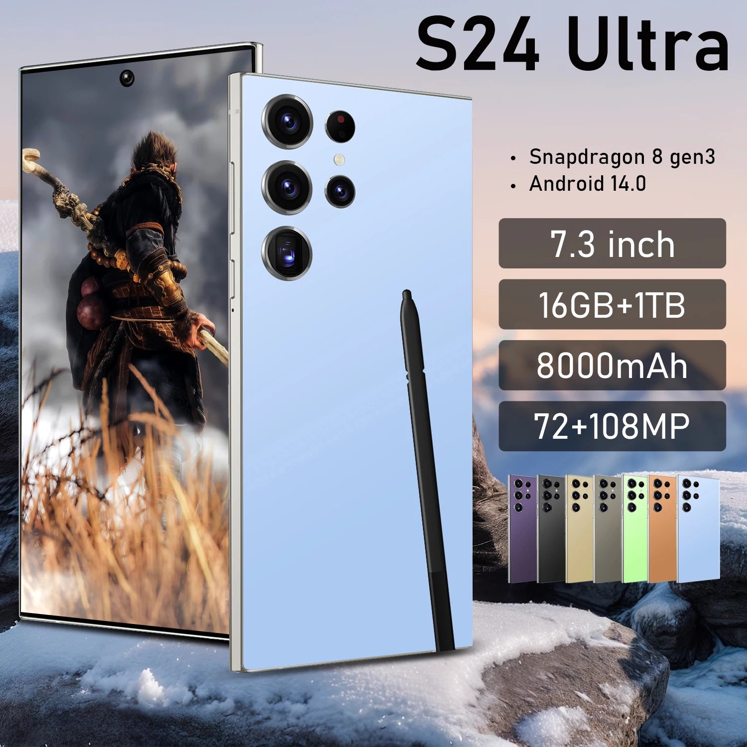 7.3 Inch Full HD S24 Ultra Smartphone with Deca Core CPU 5G Dual Sim 1TB Storage 108MP Rear Camera LTE & CDMA Mobile Phones