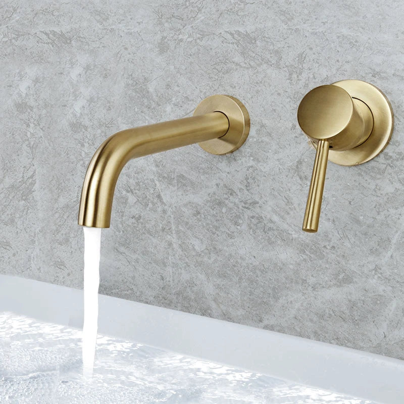 Luxury Brushed Gold Tap Wall Mount Bathroom Basin Sink Faucet Solid Brass Single Handle Hot and Cold Mixer Golden Bathtub Faucet