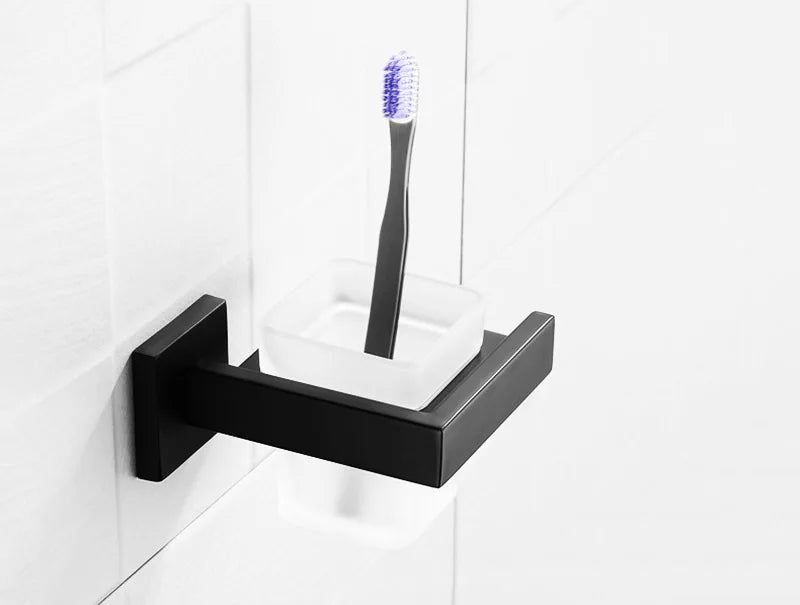 Matt Black Bathroom Hardware Set Kit Accessories Wall Shelf Towel Bar Rack Rail Robe Hanger Toilet Brush Roll Paper Holder Dish