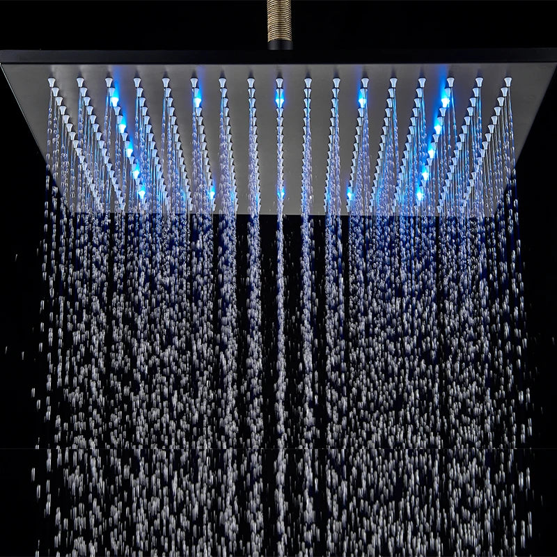 Luxury Black LED Thermostatic Shower Faucet Large Rain Waterfall Shower System Button Control Thermostatic Mixer Tap Bath Shower