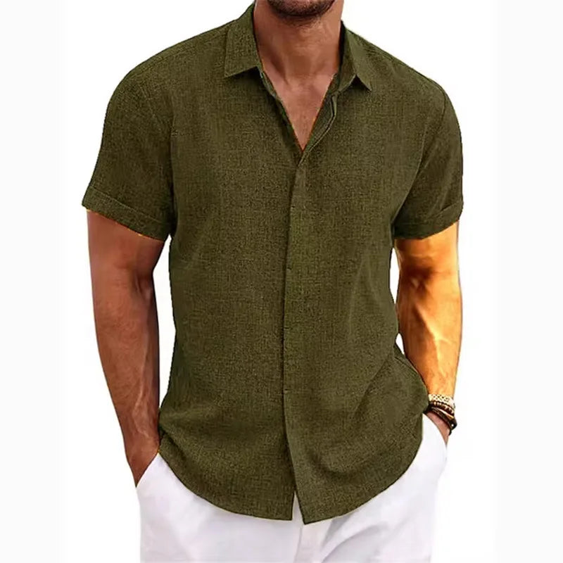 Men's Linen/Cotton Short-Sleeve Loose-Fit Solid Color Beach-Style Plus-Size Shirt Turn-down Collar Beaded Machine Washable