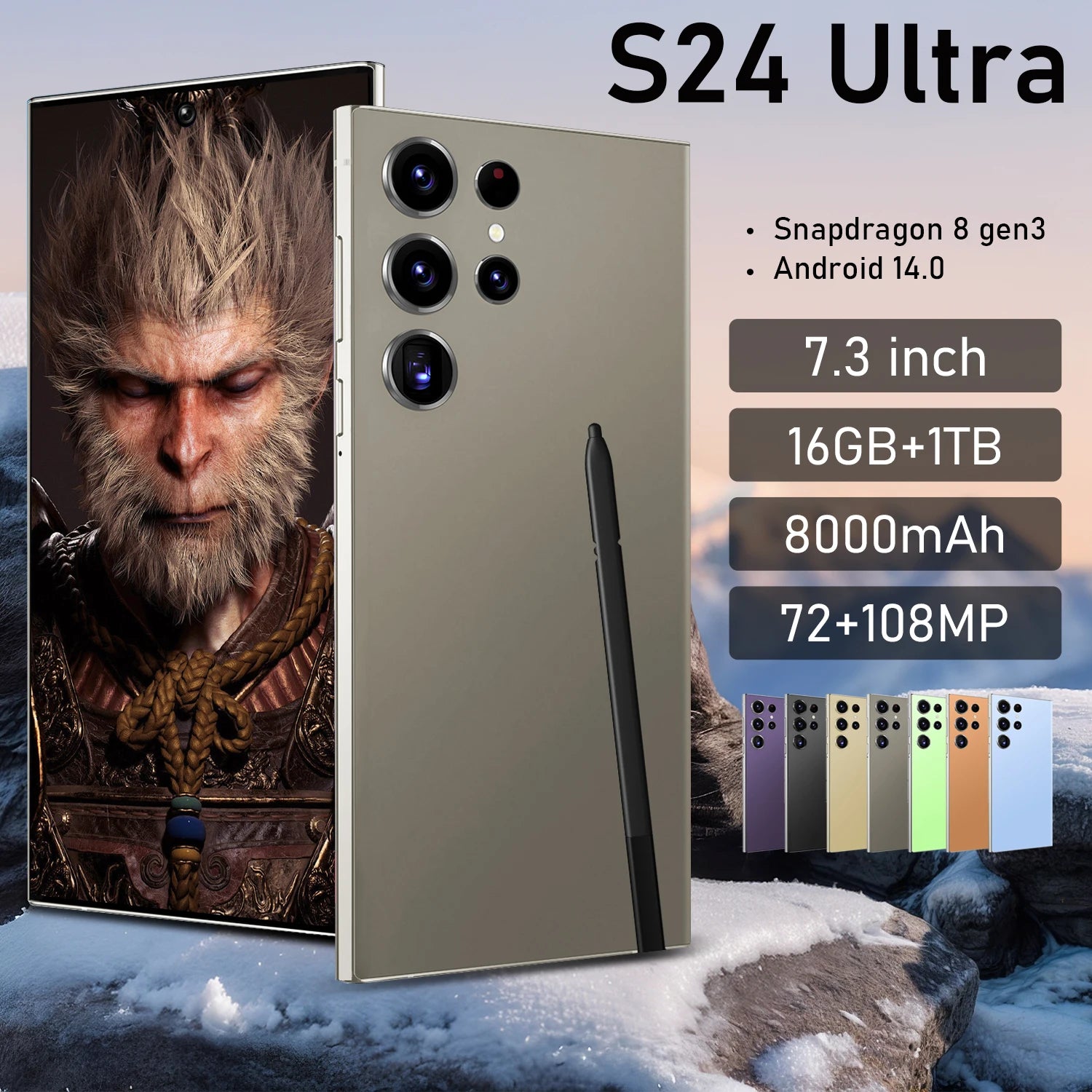 7.3 Inch Full HD S24 Ultra Smartphone with Deca Core CPU 5G Dual Sim 1TB Storage 108MP Rear Camera LTE & CDMA Mobile Phones