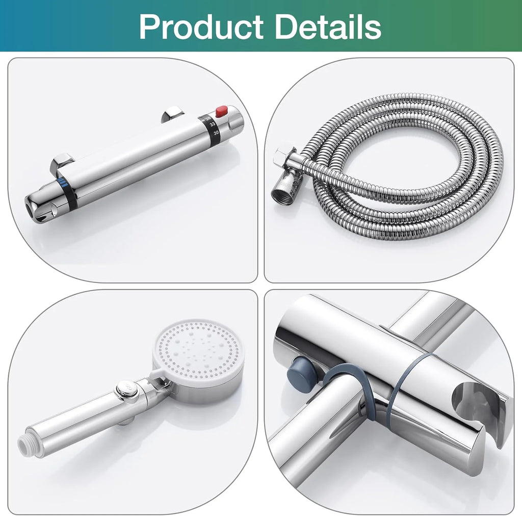 Brass Chrome Thermostat Mixer Valve Cold Hot Water Shower Faucet Rain Soft Jet Slide Bar Modern Design Hotel Apartment Washrooms