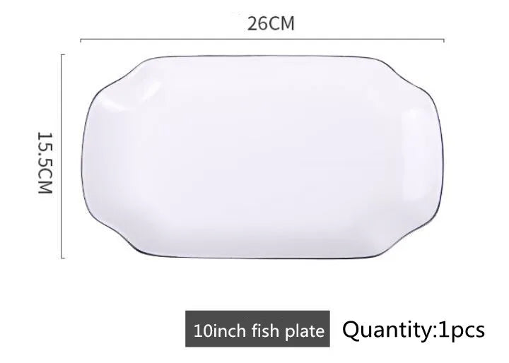Black Rim White Ceramic Dinner Tray, Kitchen Plate, Tableware, Food Dishes, Soup Bowl,  Kitchen Cook Tool, 1 Piece Sale