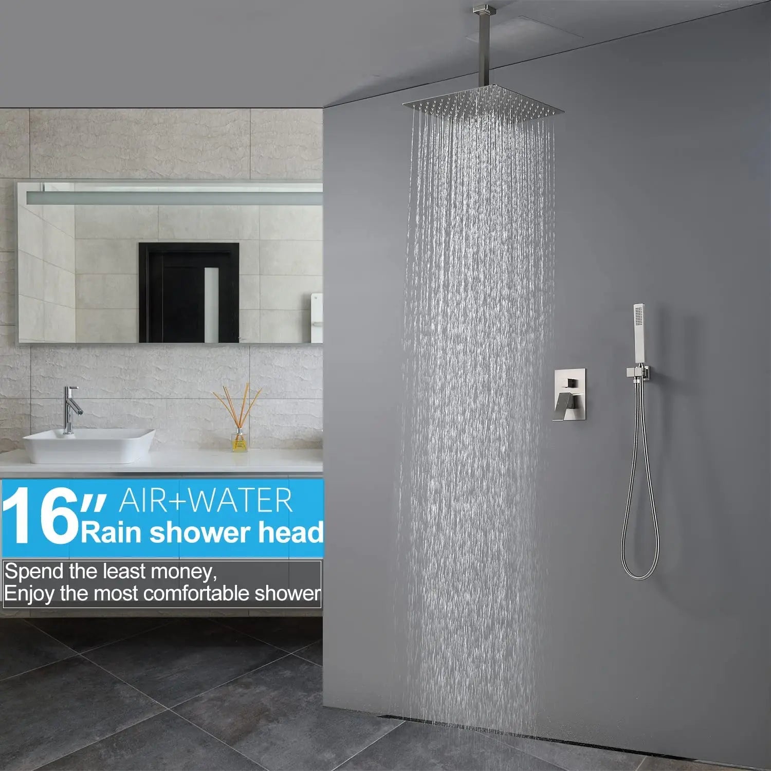 16inch Oil Rubbed Bronze Ceiling Mount Concealed Bathroom Rain Shower System Mixer Set with Overhead Rain Shower