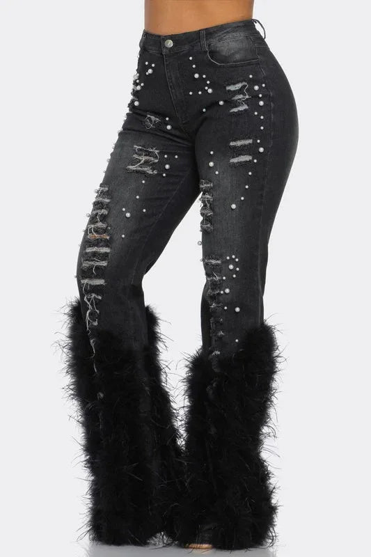 BR4580 New All-Match High Waist Distressed Pearl Embellished Feather Jeans Women