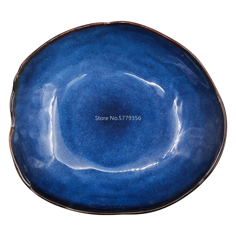 Ceramic Plate Irregular Dish Tableware Series Western Food Plate European Blue Color Glaze Salad Bowl Main Dish Kitchen Supplies
