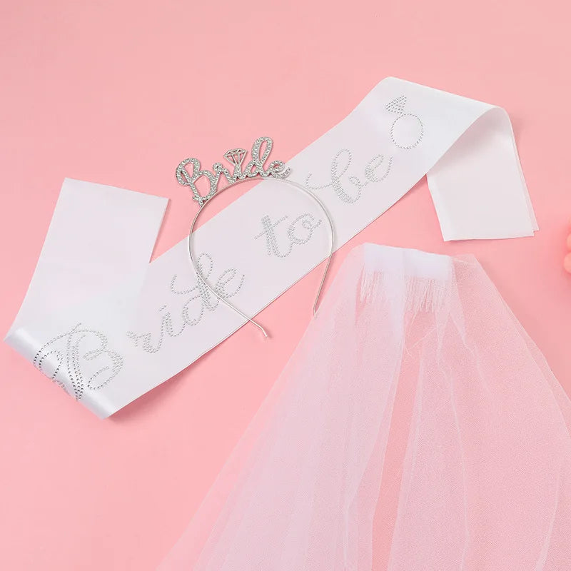 3-piece Set Bride to Be Crown Headband Shoulder Strap Wedding Veil Set for Bridal Shower WB007