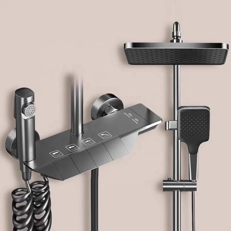 New Top 1 Cheap Gun Gray Hot Cold Wall Mounted Bathroom Shower Faucet Rain Rainfall Bathtub Mixer Piano Black Shower System Set