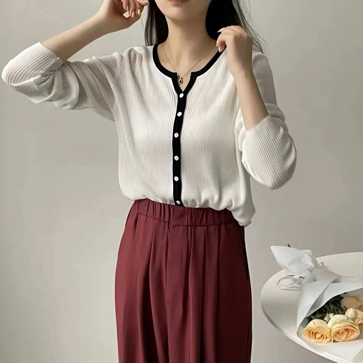 Fashionable Spring Women Long Sleeve Sweater Cardigan Letter Solid Color Blocking Sweater Cardigan