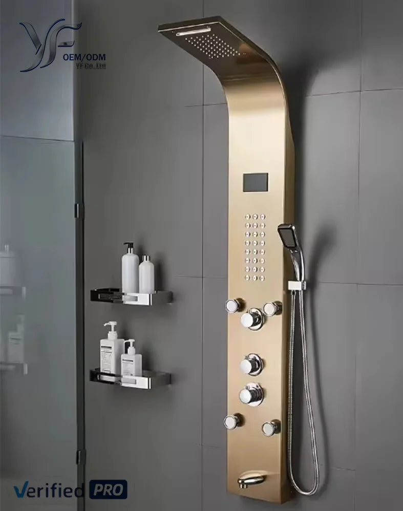 YF Luxury Brushed Champagne Gold Shower Panel System Stainless Steel Wall Mounted Rain Massage Jet Ceramic Valve Brass Hotels