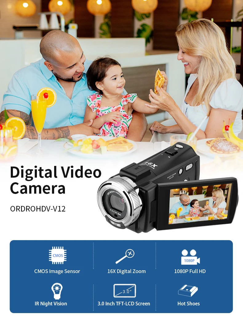Video Camera Full HD 1080P Digital Camcorder Ordro V12 Infrared Night Vision Home Use Camara for Youtuber Beginner Vlogging