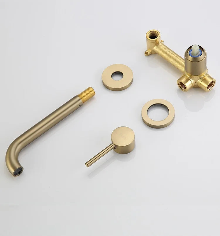 Wall Mounted Spout Basin Faucet Solid Brass Brushed Rose Gold Bathroom Bathtub Shower Mixer For Lavatory Sink Brushed gold Taps