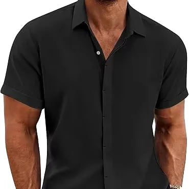 Men's Casual Button Down Shirt Short Sleeve Anti-Pilling Yarn Dyed for Beach Summer Wedding Knitted Weaving Method