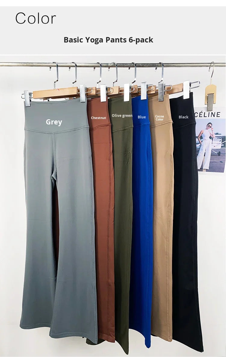 Solid Flared Yoga Sports Fitness Pants Spandex/Nylon High Waist Elastic Slimming Wide Leg Full Length Tummy Control Hip Lifting