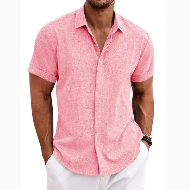 Men's Linen/Cotton Short-Sleeve Loose-Fit Solid Color Beach-Style Plus-Size Shirt Turn-down Collar Beaded Machine Washable