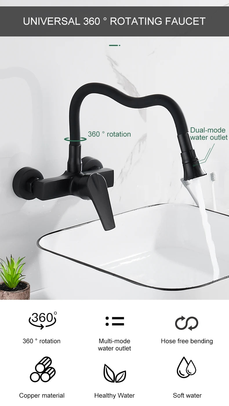 ELLEN Wall Mount Kitchen Sink Faucet Hot Cold Sink Water Mixer Tap 2 Holes Black Faucets 360 Degree Swivel ELK5400