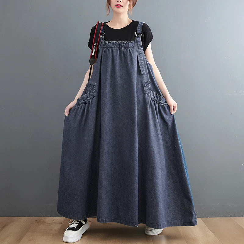 Boutique Wholesale 2026 Spring and Summer New Suspender Long Dress Loose and Thin Denim Belt Dress Large Swing Dress