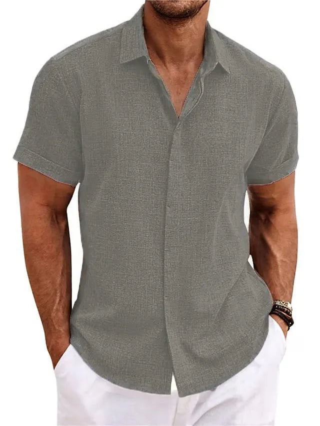 Men's Linen/Cotton Short-Sleeve Loose-Fit Solid Color Beach-Style Plus-Size Shirt Turn-down Collar Beaded Machine Washable