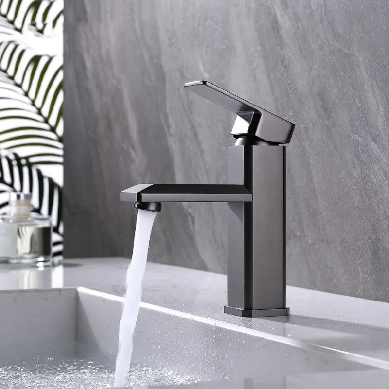 Matte Black Modern Single Hole Ceramic Bathroom Faucet Brass Hot/Cold Basin Mixer with Metered Flow