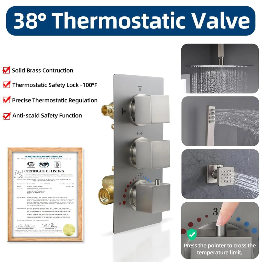 For Brass Bathroom Shower Mixing Valve Triple Handle 3-Way Thermostatic Water Diverter Temperature Control Brushed Rain