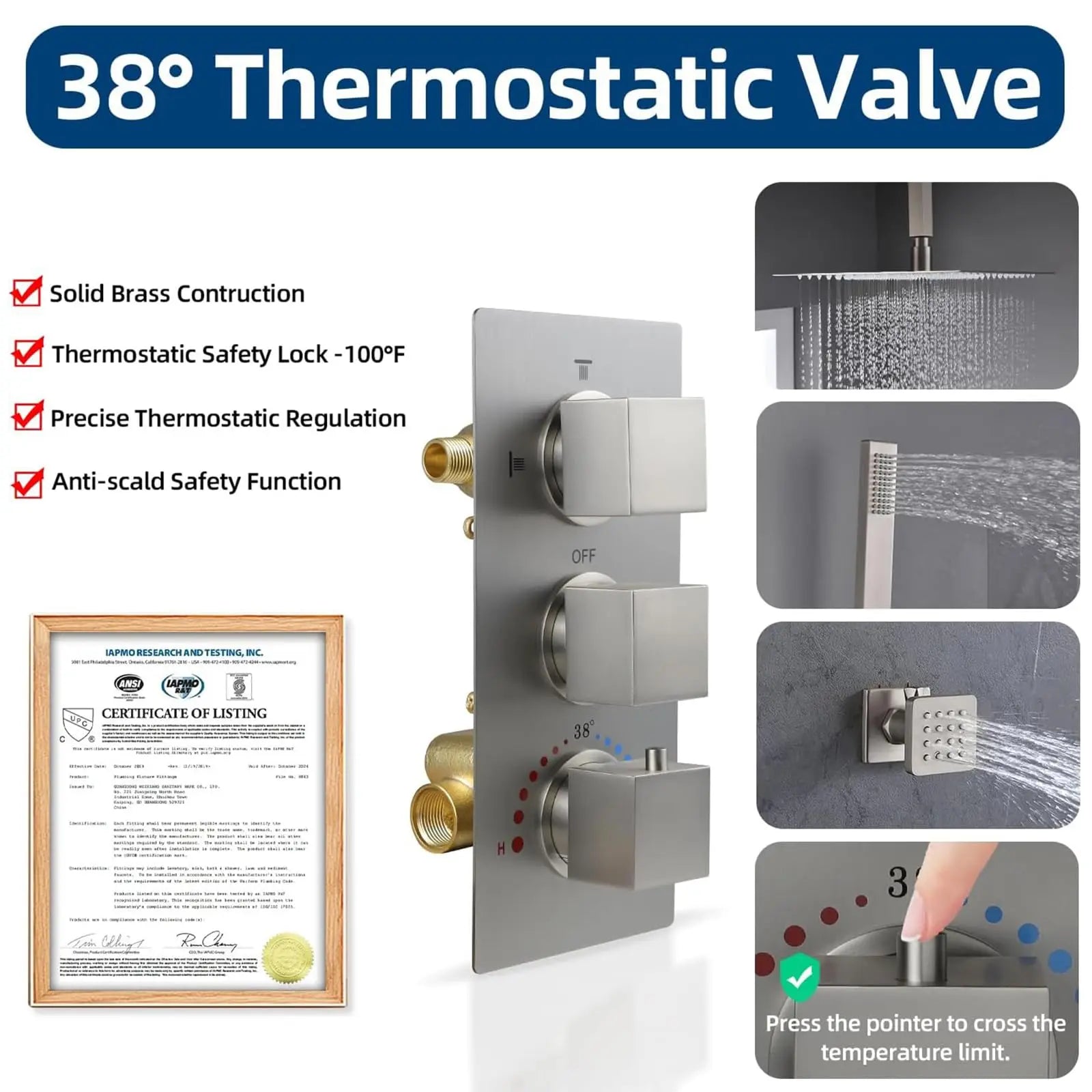 For Brass Bathroom Shower Mixing Valve Triple Handle 3-Way Thermostatic Water Diverter Temperature Control Brushed Rain