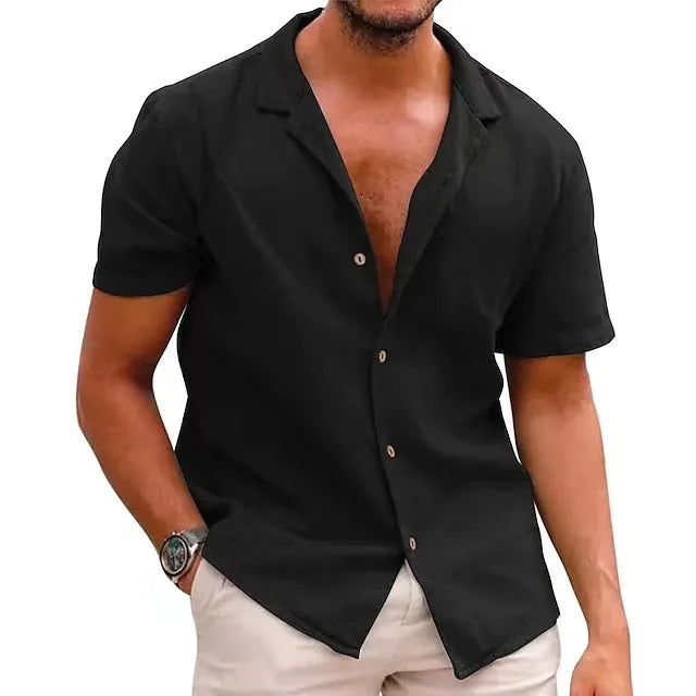 Summer New Men's Casual Lapel Solid Color Loose Short Sleeve Shirt Cotton Hemp Shirt