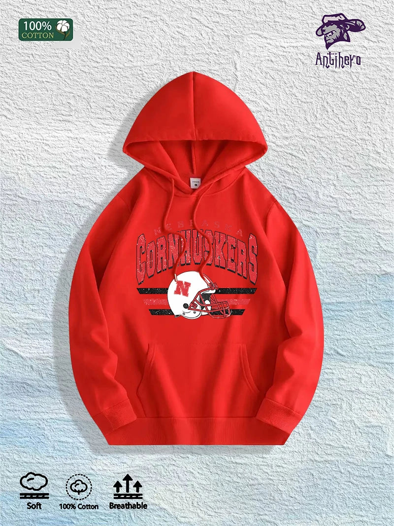US Local Warehouse: 100% Cotton Retro Nebraska Football Graphic Hoodie, 7 Colors