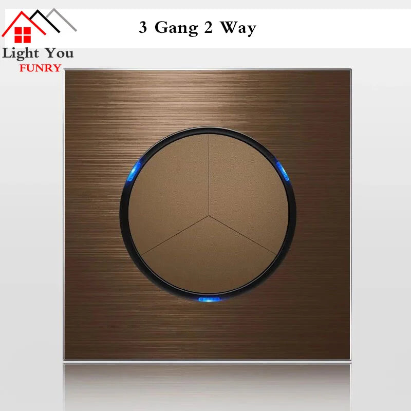 1 2 3 4 Gang 1 Way 2 Way Household Wall Switch Socket Aluminum Brushed Brown Panel LED Indicator Switch 86*86mm